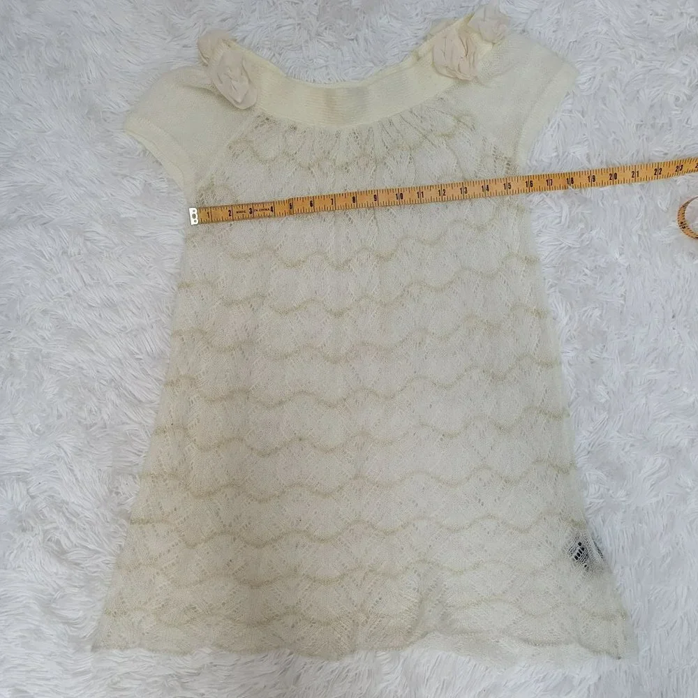 Kersh Ivory Boat Neck Crochet-ish Flared Hem Tunic Top - Size Medium